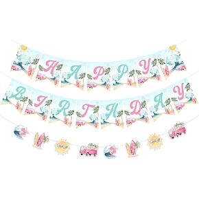 Joymemo Surf Banner Happy Birthday Banner مع إكليل - زخارف حفلة عيد ميلاد للتصفح للبنات ، Summer Beach Surf Birthday Supplies