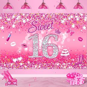 Pink Sweet 16 Birthday Decorations for Girls Women Large Hot Pink Sweet 16 Birthday Banner Backdrop Pink 16th Birthday Decorations Sweet Sixteen Birthday Anniversary Bachelorette Party Supplies