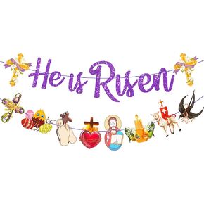 16pcs Easter Decorations, Glitter He is Risen Banner with Easters Garland Religious Easter Decorations for Home Wall Door Church Christian Easters Decor