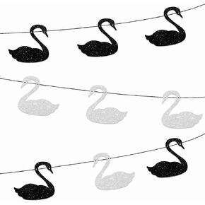 Y 9pcs Black White Glitter Silhouette Swan Banner for Beautiful Swan Theme Party Background Decorations Men Women Happy Birthday Baby Shower Anniversary Party Decor Supplies