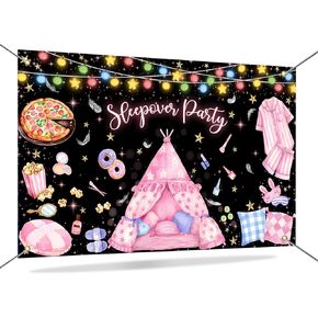 Mocsicka Black Pink Sleepover Party Backdrop with Pajama Plays & Makeup for Girls Spa Makeup Night Slumber Party Decorations 70.8 × 43.3 بوصة