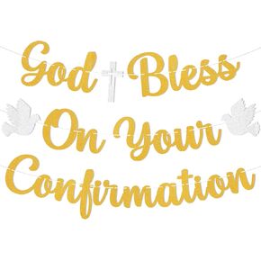 God Bless On Your Confirmation Banner - First Confirmation Decorations - Baptism, Baby Shower, Christening, Wedding Party Decorations Gold Glitter