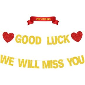 Good Luck We Will Miss You Banner Backdrop, Pre-Strung, Gold Glitter Going Away Party Decorations Goodbye Party Decor Poster, Moving Away Party Banner Sign Coworker Farewell Party Supplies Retirement Banner Coworker Military Graduation Volunteer Leaving D