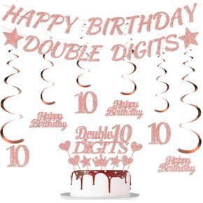 10th Birthday Banner Decoration Kit - 15 Pcs Rose Gold Banner Hanging Swirls Cake Topper Happy Birthday Double Digits Backdrop Decorations Supplies For 10 Years Old Girls Child 10th Theme Party