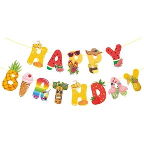 Veewon Hawaiian Luau Happy Birthday Banner Tropical Fruits Letter Bunting for Hawaii Summer Pool Birthday Party Favor