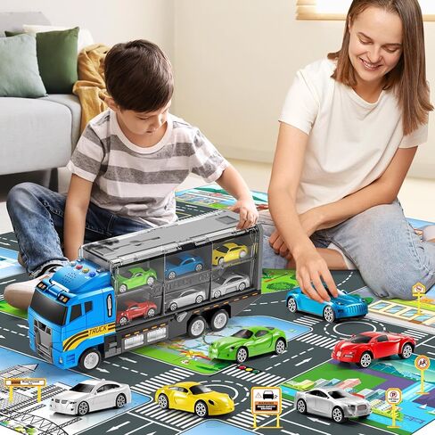 Toddler Boys Toys for 3 4 5 6 Years Old, Police Truck Vehicle Toy Set with Play Mat, Die-Cast Toy Car Carrier Truck for Boys Kids, Birthday Gifts Toys for 3 4 5 6 7 8+ Year Old Boys in Kuwait