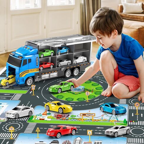 Toddler Boys Toys for 3 4 5 6 Years Old, Police Truck Vehicle Toy Set with Play Mat, Die-Cast Toy Car Carrier Truck for Boys Kids, Birthday Gifts Toys for 3 4 5 6 7 8+ Year Old Boys in Kuwait