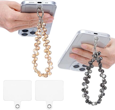 2pcs Crystal Beaded Phone Wrist Strap with Phone Tether Tab Cute Phone Bracelet Strap Blingbling Sparkling Phone Charms Strap for Women Wrist Strap for Phone Case，Cell Phone Lanyard（Black+Transparent） in Saudi Arabia