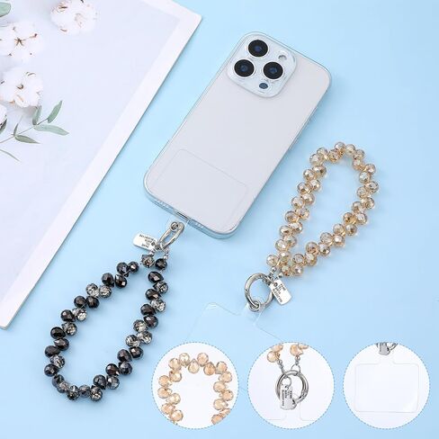 2pcs Crystal Beaded Phone Wrist Strap with Phone Tether Tab Cute Phone Bracelet Strap Blingbling Sparkling Phone Charms Strap for Women Wrist Strap for Phone Case，Cell Phone Lanyard（Black+Transparent） in Saudi Arabia