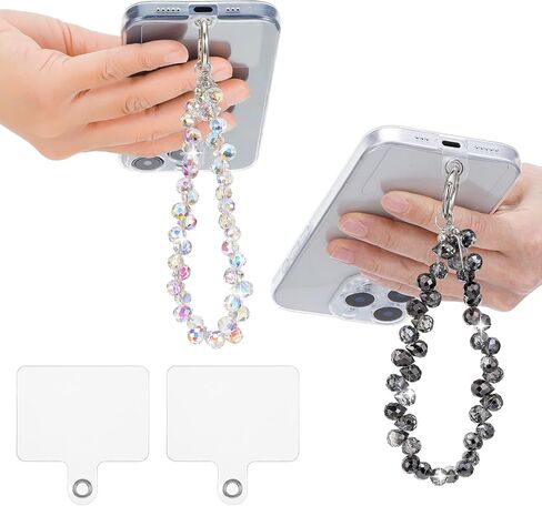 2pcs Crystal Beaded Phone Wrist Strap with Phone Tether Tab Cute Phone Bracelet Strap Blingbling Sparkling Phone Charms Strap for Women Wrist Strap for Phone Case，Cell Phone Lanyard（Black+Transparent） in Saudi Arabia