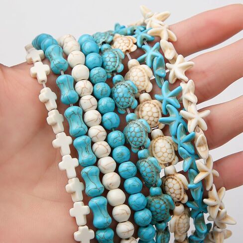 288pcs Turquoise Stone Beads - 8 Styles, Turtle Cross Design for Bracelets & Necklaces - Jewelry Making Kit (Blue/White-2) in Saudi Arabia