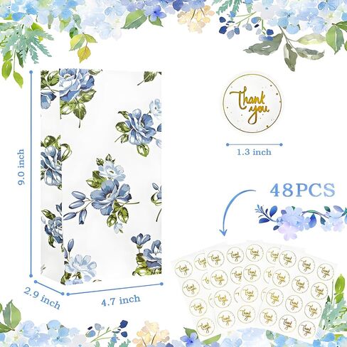 OFIHANLY 48Pcs 9"X4.7" Small Paper Goodie Bags for Kids Girl Boys Birthday Party Favors Blue Floral Candy Treat Bags Bulk for Baby Shower, Wedding in Saudi Arabia