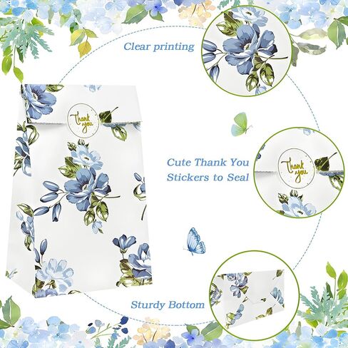 OFIHANLY 48Pcs 9"X4.7" Small Paper Goodie Bags for Kids Girl Boys Birthday Party Favors Blue Floral Candy Treat Bags Bulk for Baby Shower, Wedding in Saudi Arabia