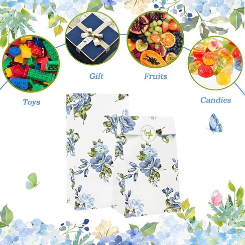 OFIHANLY 48Pcs 9"X4.7" Small Paper Goodie Bags for Kids Girl Boys Birthday Party Favors Blue Floral Candy Treat Bags Bulk for Baby Shower, Wedding in Saudi Arabia