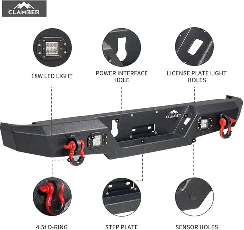 مصد خلفي كامل العرض لـ 2007-2018 Jeep Wrangler JK & Unilimited JKU 2/4 أبواب (ليس لموديلات JL)، واقي ممتص للصدمات خلفي عالي التحمل للطرق الوعرة مع قطعتين من الأضواء الكاشفة بقدرة 18 وات in Kuwait