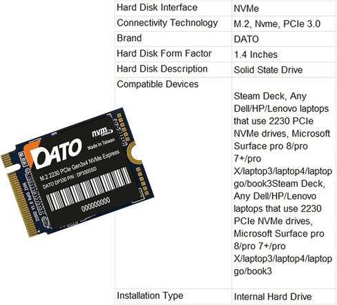 DATO 1TB SSD M.2 2230, NVMe 1.3 PCIe Gen3x4, Internal Solid State Drive, Up to 2500/1700 MB/s, DP330 Series in Kuwait