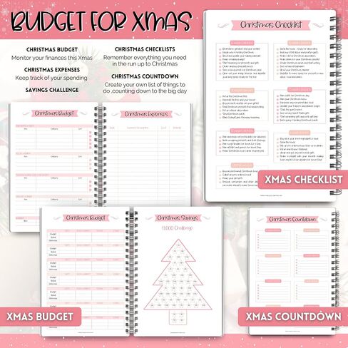 Christmas Planner - Holiday Checklist, To Do List, Budget, Food Menu & Shopping List for Xmas (Pink) in Saudi Arabia