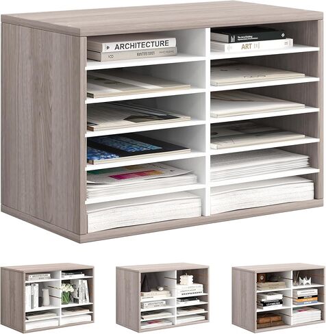 Mail Organizer Countertop, 12 Slots Wooden Desk File Literature Sorter, Adjustable Paper Storage Shelves Document Holder, Space Saving Desktop Mailbox for Office Classroom, Retro Grey/White in Saudi Arabia
