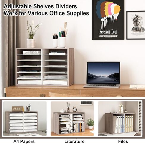 Mail Organizer Countertop, 12 Slots Wooden Desk File Literature Sorter, Adjustable Paper Storage Shelves Document Holder, Space Saving Desktop Mailbox for Office Classroom, Retro Grey/White in Saudi Arabia