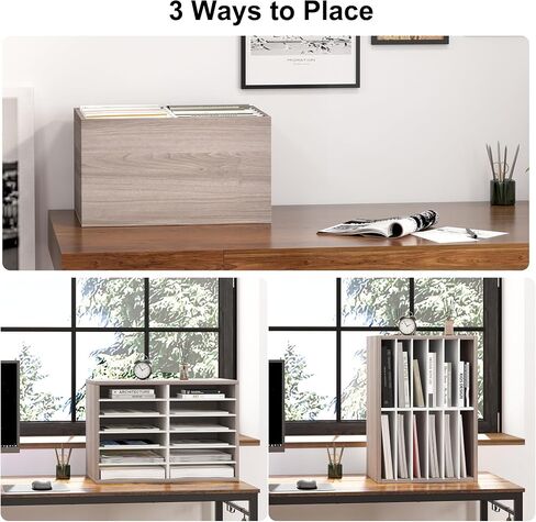 Mail Organizer Countertop, 12 Slots Wooden Desk File Literature Sorter, Adjustable Paper Storage Shelves Document Holder, Space Saving Desktop Mailbox for Office Classroom, Retro Grey/White in Saudi Arabia