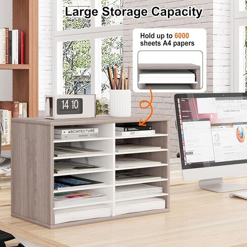 Mail Organizer Countertop, 12 Slots Wooden Desk File Literature Sorter, Adjustable Paper Storage Shelves Document Holder, Space Saving Desktop Mailbox for Office Classroom, Retro Grey/White in Saudi Arabia