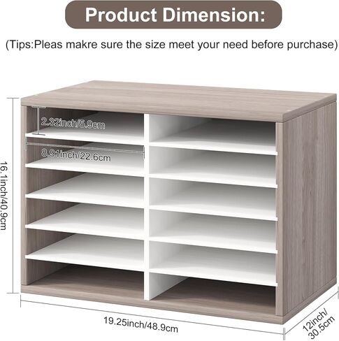 Mail Organizer Countertop, 12 Slots Wooden Desk File Literature Sorter, Adjustable Paper Storage Shelves Document Holder, Space Saving Desktop Mailbox for Office Classroom, Retro Grey/White in Saudi Arabia