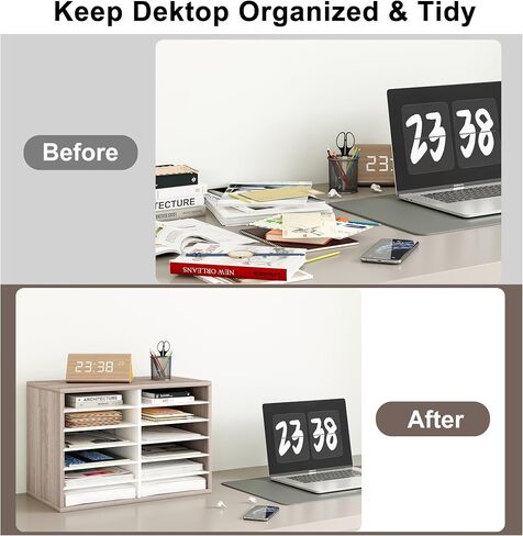 Mail Organizer Countertop, 12 Slots Wooden Desk File Literature Sorter, Adjustable Paper Storage Shelves Document Holder, Space Saving Desktop Mailbox for Office Classroom, Retro Grey/White in Saudi Arabia
