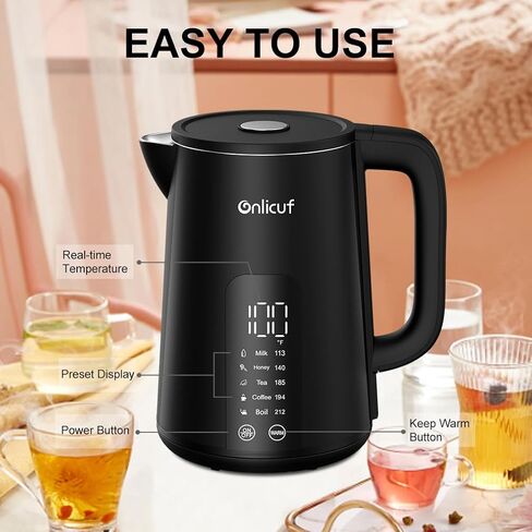 Cool Touch Electric Water Kettle,1.7L Electric Tea Kettle with Temperature Control, Stainless Steel Water Boiler Heater, Digital Screen Teapot, Cordless, BPA-Free, Black in Saudi Arabia