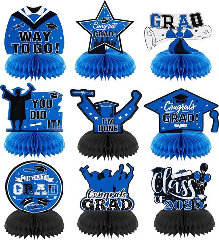 Graduation Table Decorations 2025, 9PCS Congratulate Graduation Honeycomb Centerpieces for Tables, Congrats Grad Table Centerpieces, Grad Party Decorations for High School College (Blue) in Kuwait