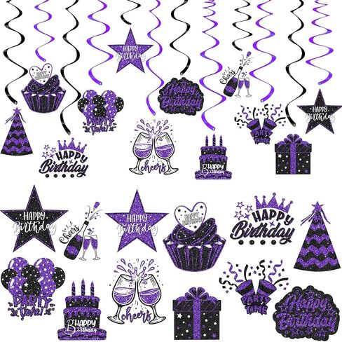 48PCS Black and Purple Party Decorations – Black and Purple Birthday Hanging Swirls for 18th, 21st, 30th, 40th, 50th, 60th Birthday Celebrations in Kuwait
