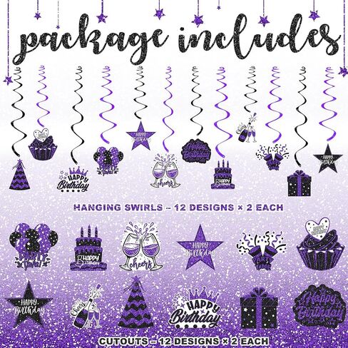 48PCS Black and Purple Party Decorations – Black and Purple Birthday Hanging Swirls for 18th, 21st, 30th, 40th, 50th, 60th Birthday Celebrations in Kuwait