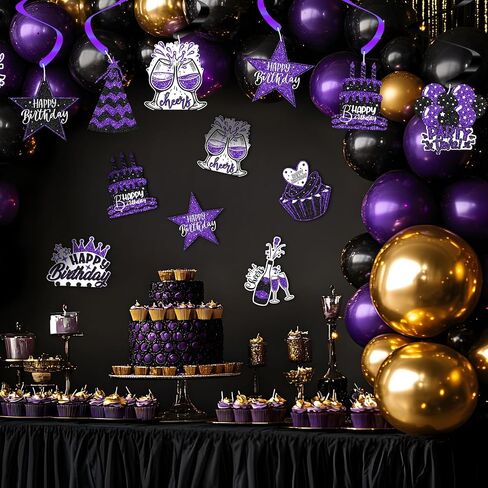 48PCS Black and Purple Party Decorations – Black and Purple Birthday Hanging Swirls for 18th, 21st, 30th, 40th, 50th, 60th Birthday Celebrations in Kuwait