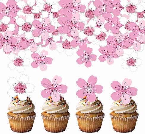 50 Pack Edible Cherry Blossom Cupcake Toppers Cherry Flowers Cake Toppers Rice Paper Wafer Paper Cake Picks for Cherry Blossom Bridal Shower Baby Shower Kids Birthday Cake Decorations in Saudi Arabia
