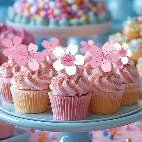 50 Pack Edible Cherry Blossom Cupcake Toppers Cherry Flowers Cake Toppers Rice Paper Wafer Paper Cake Picks for Cherry Blossom Bridal Shower Baby Shower Kids Birthday Cake Decorations in Saudi Arabia