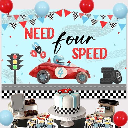 Race Car 4th Birthday Party Backdrop Need Four Speed Backdrop Banner Race Car 4th Birthday Decorations Red Blue Race Car Vintage Photography Background Photo Banner Supplies for 4th Boys (7*5ft) in Saudi Arabia