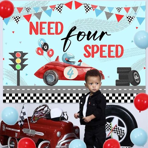 Race Car 4th Birthday Party Backdrop Need Four Speed Backdrop Banner Race Car 4th Birthday Decorations Red Blue Race Car Vintage Photography Background Photo Banner Supplies for 4th Boys (7*5ft) in Saudi Arabia