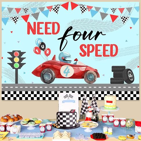 Race Car 4th Birthday Party Backdrop Need Four Speed Backdrop Banner Race Car 4th Birthday Decorations Red Blue Race Car Vintage Photography Background Photo Banner Supplies for 4th Boys (7*5ft) in Saudi Arabia