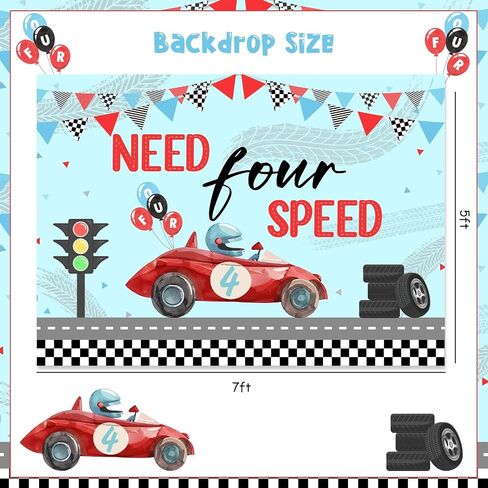 Race Car 4th Birthday Party Backdrop Need Four Speed Backdrop Banner Race Car 4th Birthday Decorations Red Blue Race Car Vintage Photography Background Photo Banner Supplies for 4th Boys (7*5ft) in Saudi Arabia