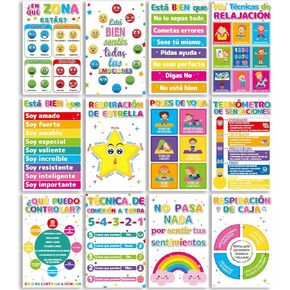 gisgfim 12Pcs Spanish Calming Corner Posters Feelings Wheel Chart Emotions Classroom Decorations Therapy Mental Health Wall Decor for Kids Elementary Middle School Calm Down Corner Español Poster