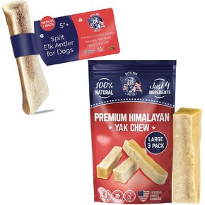 الشيطان الكلب PET CO | (1 3-PK كبير Yak Chew + (1) متوسطة الانقسام antler مضغ | حزمة القيمة