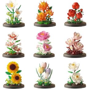 9 Flowers 1500pcs لبنات البناء المصغرة للبالغين - مجموعة طراز الزهور النباتية مع الورود - طوب المباني الصغيرة للعبور للديكور - هدية فريدة من نوعها للمراهقين والبالغين من العمر 14+
