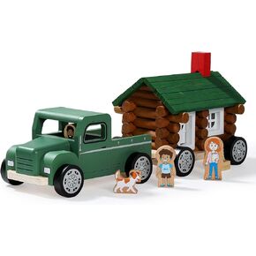 SainSmart Jr. Wooden Truck Building Playset for Kids, Vintage Camper RV Compatible with Lincoln Logs, STEM Educational Toy, Perfect Retro Gift for Ages 3+