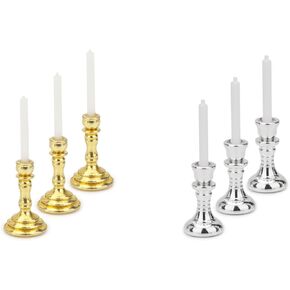 Dollhouse Miniature Candlesticks 3 PCS Candle Holder مجموعة ذهبية وفضية 1/12 مقياس شموع خمر ضملة دمية الزخرفة مع قاعدة جولة معدنية للحديقة الخيالية