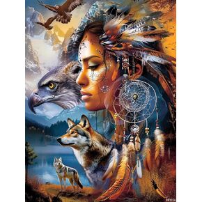 Brtita 5d Diamond Art Painting أمريكان مواطن من الهندي الهندي الجبل سقوط الذئب الكامل الحفر الماس اللوحة الفنية من قبل مجموعات الأرقام للبالغين جولة خرز الفسيفساء كروس للديكور الجدار 12x16in