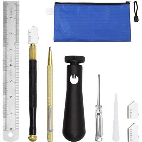 SPEEDWOX Glass Cutting Tool Kit 2mm-20mm Pencil Style Oil Feed Glass Cutter with 2 Replaceable Blades Ergonomic Assist Handle Tungsten Scribe Engraving Pen Oil Dropper Screwdrive Steel Ruler
