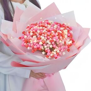 Origami Stars Papers 520 Pcs Star Paper Strips DIY Star Bouquet Origami Lucky Star Handmade Origami Star Bouquet with Light String DIY Flower Bouquet for Mother's Day Birthday (Pink)