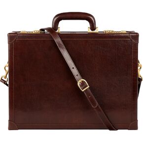Time Resistance Leather Attache Case - Full Grain Italian Leather Briefcase - Laptop Bag up to 15" - Hard Case with Lock