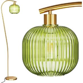 Gold Arc Floor Lamp for Living Room, Modern Standing Lamp with Green Ribbed Glass Lampshade, 67" Tall Lamp for Bedroom Study Room Office (2700K Bulb Included)