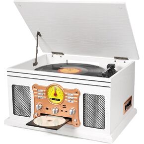 All in One Vintage Bluetooth Record Player with Built-in Speakers, CD & Cassette Player, AM/FM Radio, USB/TF Recording, Wood Classic 3-Speed Retro Nostalgic Vinyl Turntable Multimedia Center, White