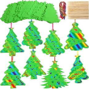 80 Sets 8 Styles Magic Color Christmas Tree Crafts Kits Scratch Off Christmas Ornaments Scratch Ornaments Rainbow Color DIY Hanging Craft for Activities Winter Season Party Favors
